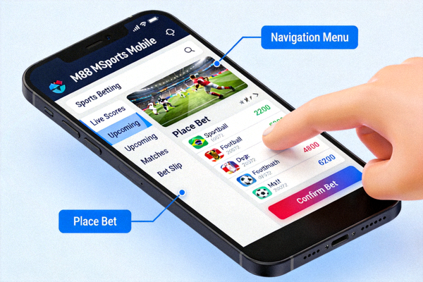 Animasi Akses M88 MSports Mobile - Demonstrasi navigasi dan taruhan di perangkat smartphone
