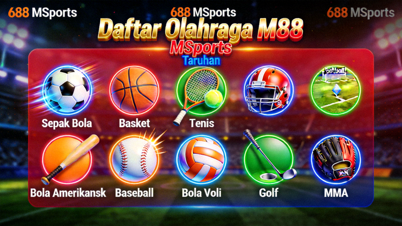Animasi Daftar Olahraga M88 MSports - Menampilkan ikon berbagai cabang olahraga yang tersedia untuk taruhan