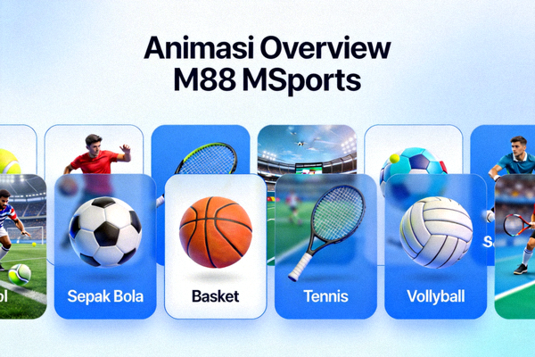 Animasi Overview M88 MSports - Menampilkan antarmuka platform taruhan olahraga dengan berbagai pilihan event