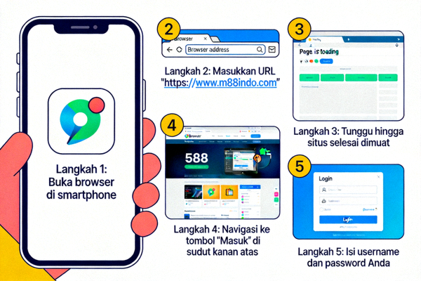 Animasi panduan langkah demi langkah mengakses situs M88 melalui browser smartphone