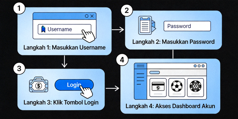 Animasi Proses Login M88 - Ilustrasi langkah-langkah mengisi form login dan akses ke dashboard akun
