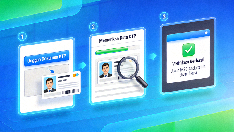 Animasi proses verifikasi akun M88 - Mengunggah dokumen KTP dan menerima konfirmasi verifikasi berhasil