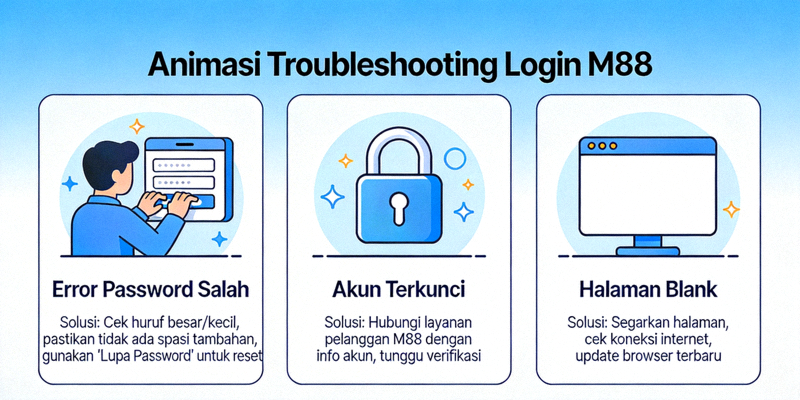 Animasi Troubleshooting Login M88 - Solusi mengatasi error password salah, akun terkunci, dan halaman blank